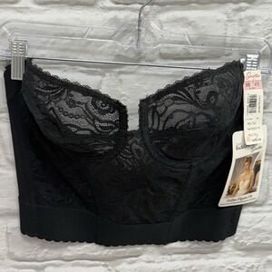 VTG‎ Black Lace Bustier Corset Bra 38B Strapless Backless Sheer Bridal Lingerie